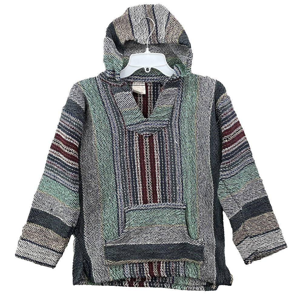 Baja‎ Joe Hoodie Small Green Red Stripe Mexican Blanket Drugrug Boho Surf Grunge